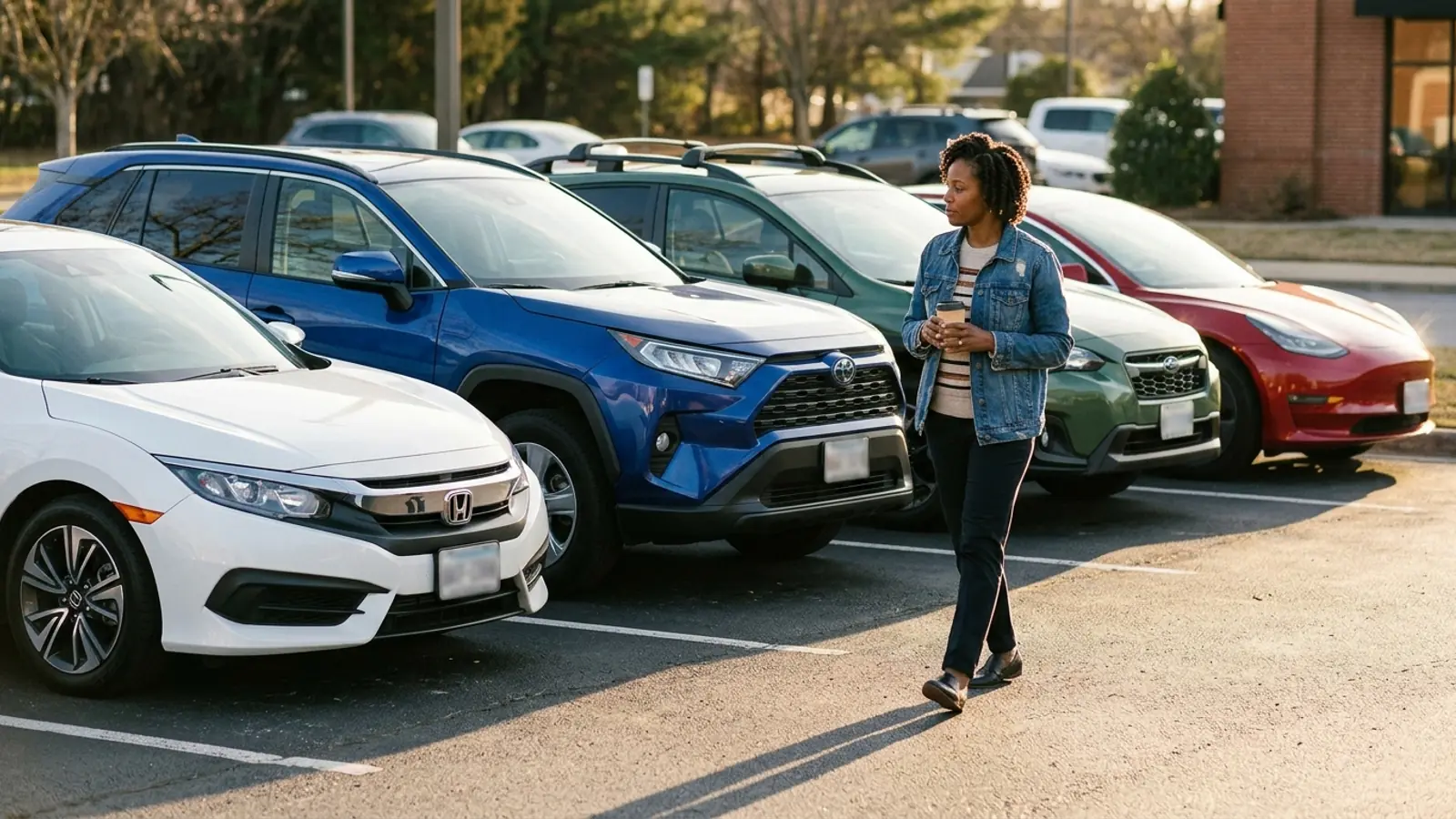 A host walks along a row of used cars in a sunny lot: a white Honda Civic, a blue Toyota RAV4, a green Subaru Crosstrek and a red Tesla Model 3