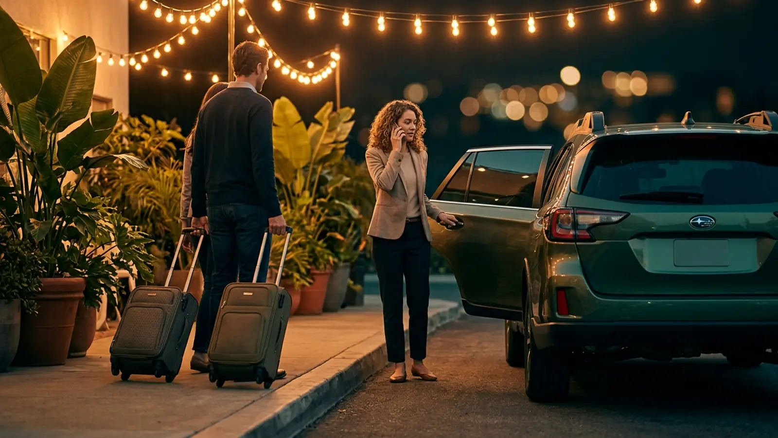A host on a phone call holds the door of a green Subaru Outback for arriving guests with suitcases at a night-time drop-off