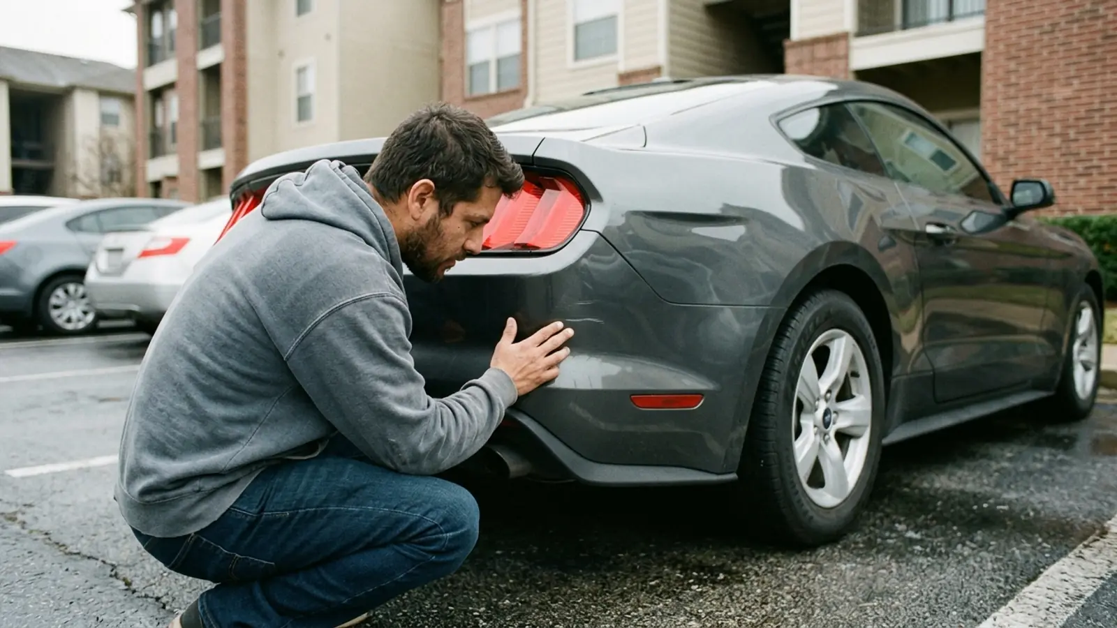 A host crouches behind a grey Ford Mustang, running his fingers over a scuff on the rear bumper