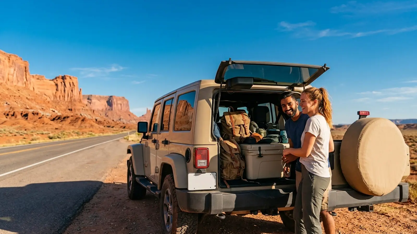 A couple loads a cooler and backpacks into a Jeep Wrangler at a desert highway pull-off