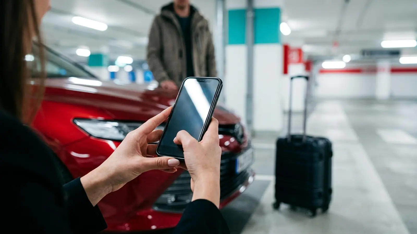 A host photographs the front bumper of a red Toyota Camry with a phone at handover in a parking garage while the guest waits